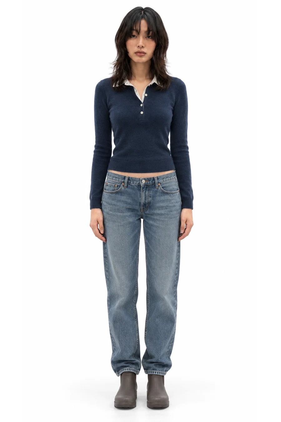 AI outfit preview: Cotton-Cashmere Blend Sweater Polo, Low Rise Slouchy Straight Jean, Hunter Women's Original Wales Ankle Rain Boot