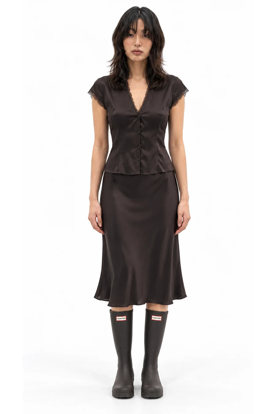 AI outfit preview: Lace-Trim Satin Button-Up Blouse, High Rise Satin Midi Skirt, Hunter Original Tall Rain Boot