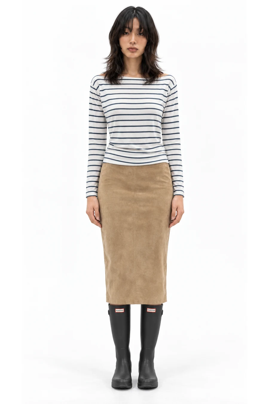 AI outfit preview: Long-Sleeve Mariner Boat Neck Tee, Low Rise Vegan Suede Midi Pencil Skirt, Hunter Original Tall Rain Boot