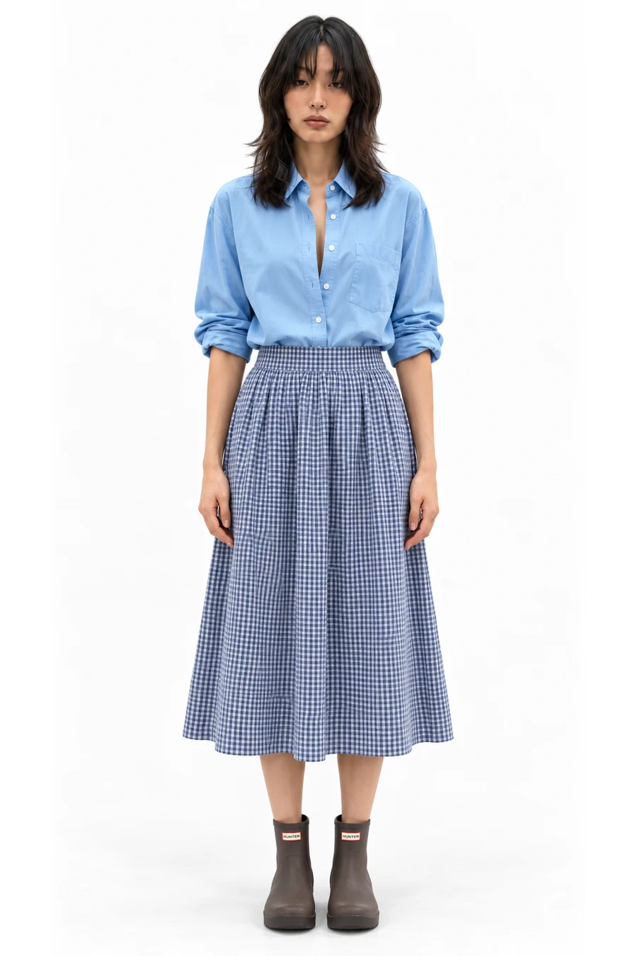 AI outfit preview: Oversized Poplin Shirt, 100% Cotton A&F Dylan Poplin Ultra High Rise Midi Skirt, Hunter Women's Original Wales Ankle Rain Boot