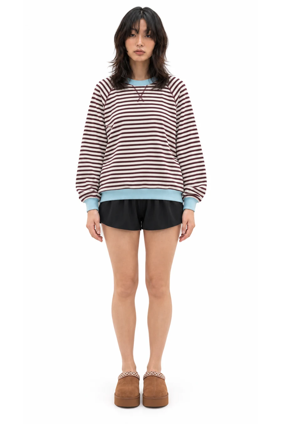 AI outfit preview: Go-To Boyfriend Sweatshirt, Real Me Crossover Flowy Short, Embroidered Slippers · Horizon