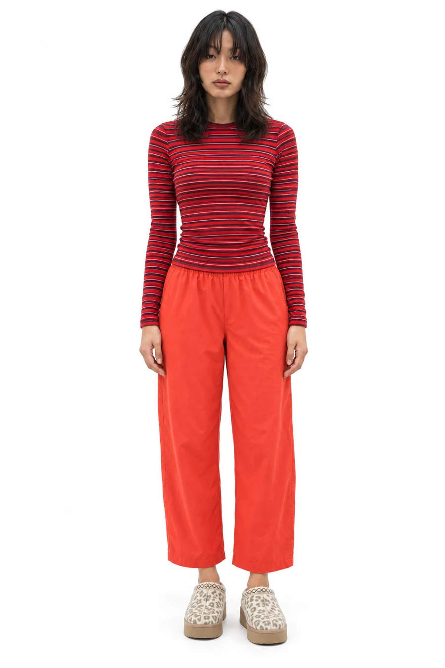 AI outfit preview: Essential Crew Layering T-Shirt, Nice Moves Barrel Pant, Embroidered Slippers · Cake Batter
