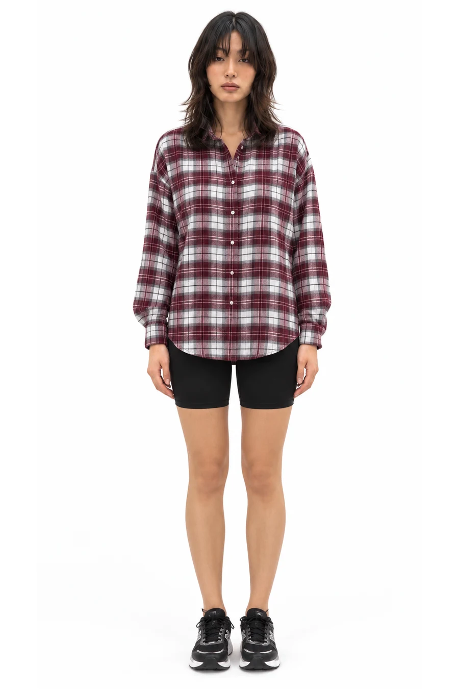 AI outfit preview: Anytime Fave Flannel Oversized Shirt, Real Me XTRA High Waisted 7-Inch Bike Short, New Balance 530 Sneaker