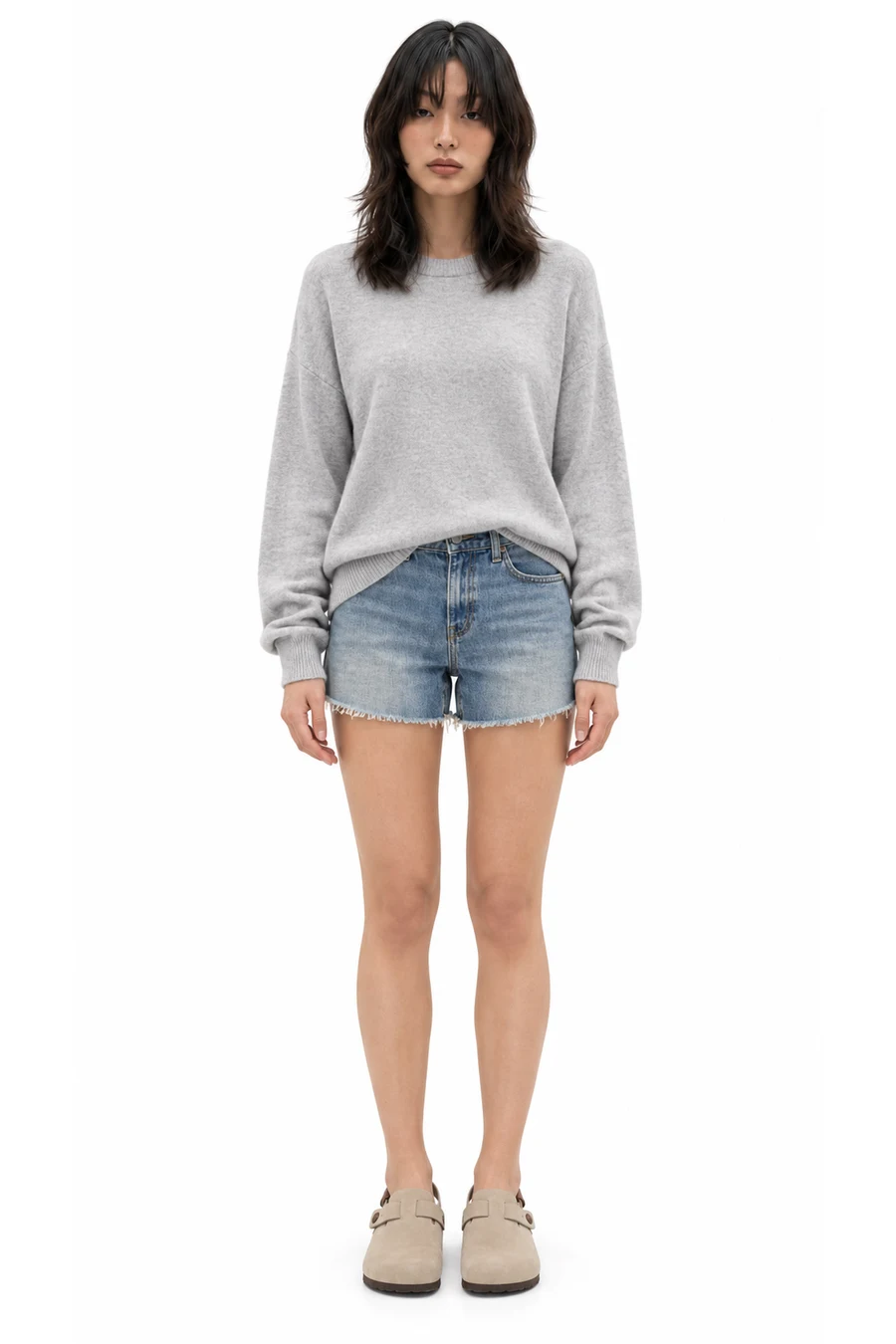 AI outfit preview: Sunday Soft Plush Crew Sweater, Daydream Denim Short, Birkenstock Tokio Clog