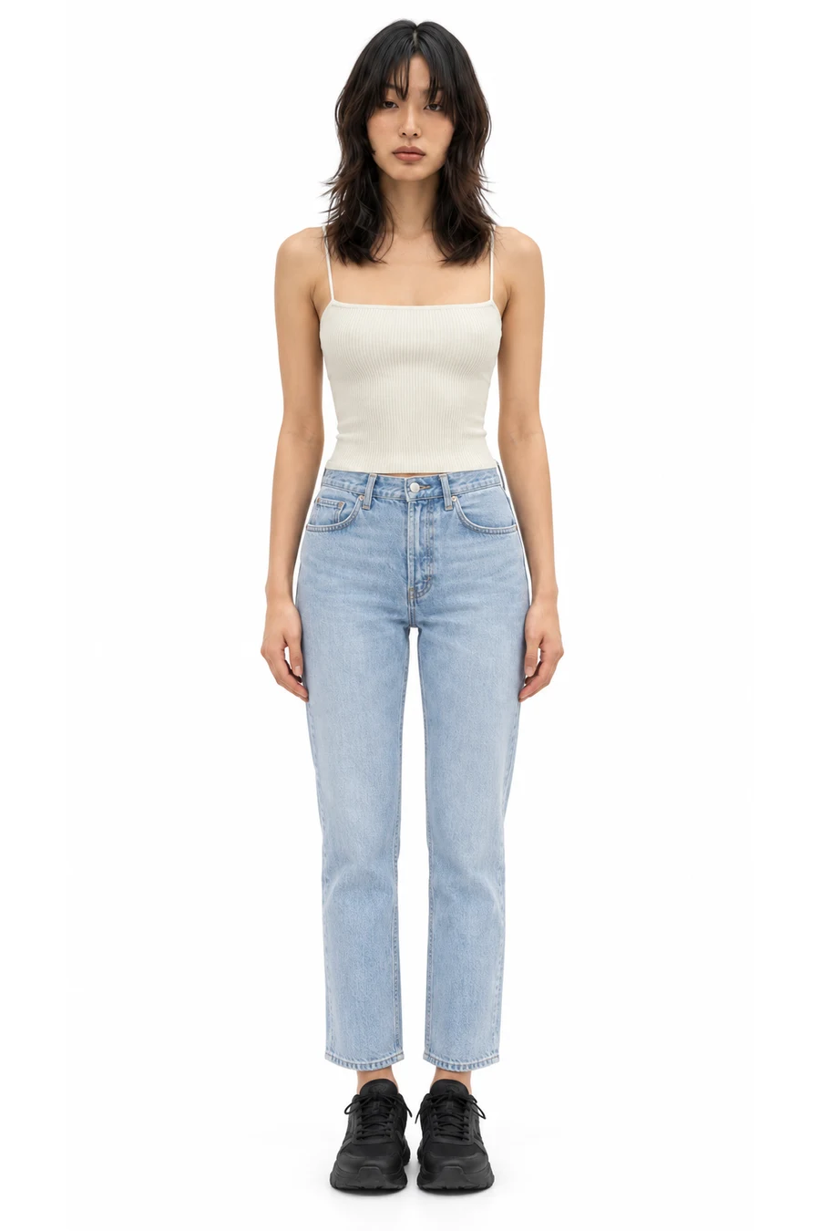 AI outfit preview: Aritzia Babaton Sculpt Knit Cami Tank Matte Pearl - Size 1XL in Beige, Women's, Denim Forum Denim Forum The Joni High Rise Loose 29l Size 27 in Blue, Women's