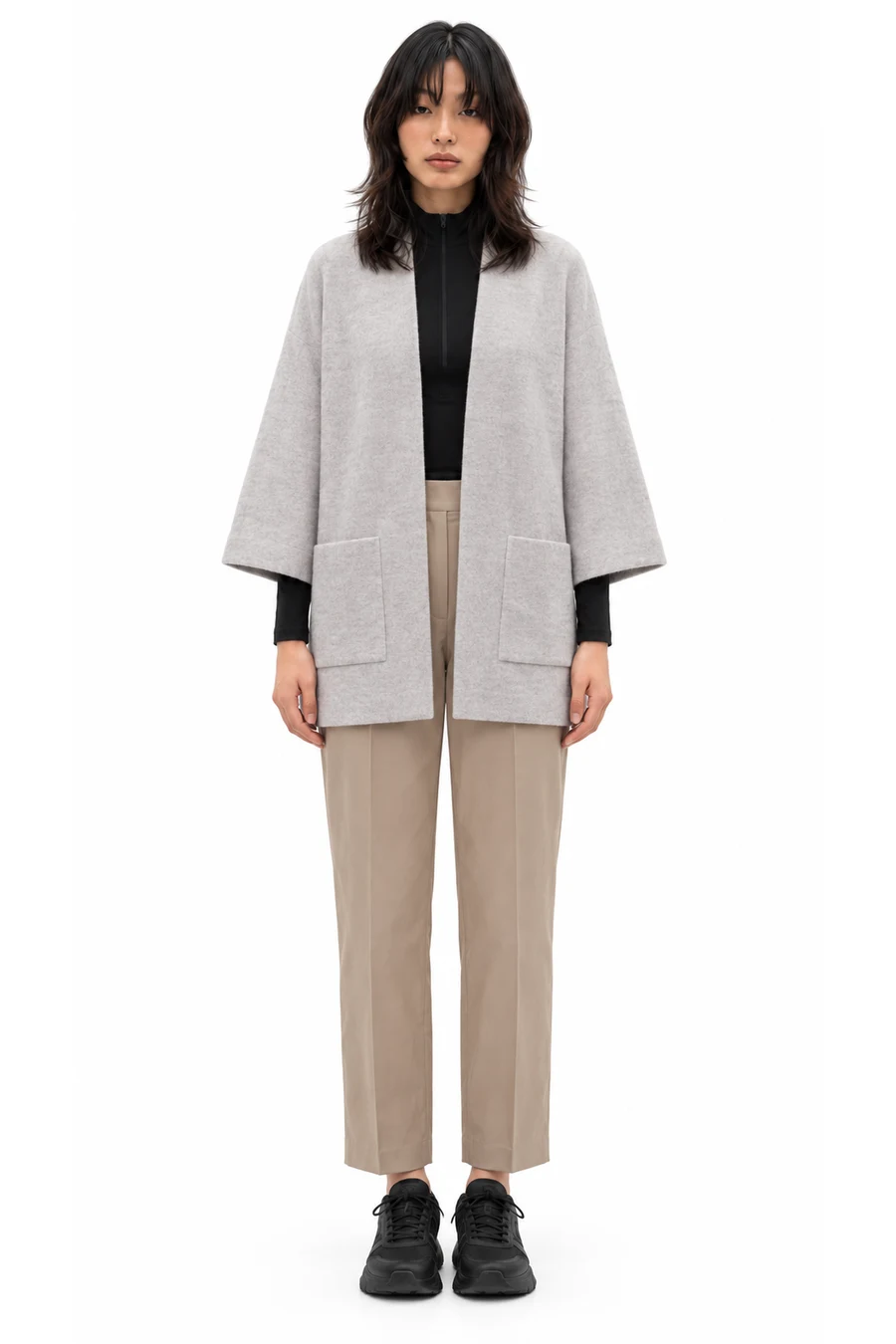 AI outfit preview: Aritzia Wilfred Brullon Wool Sweater Cardigan Grey ( Xxs ) in Gray, Women's, Aritzia Casual Pants - Mid/Reg Rise: Tan Bottoms - Size 00