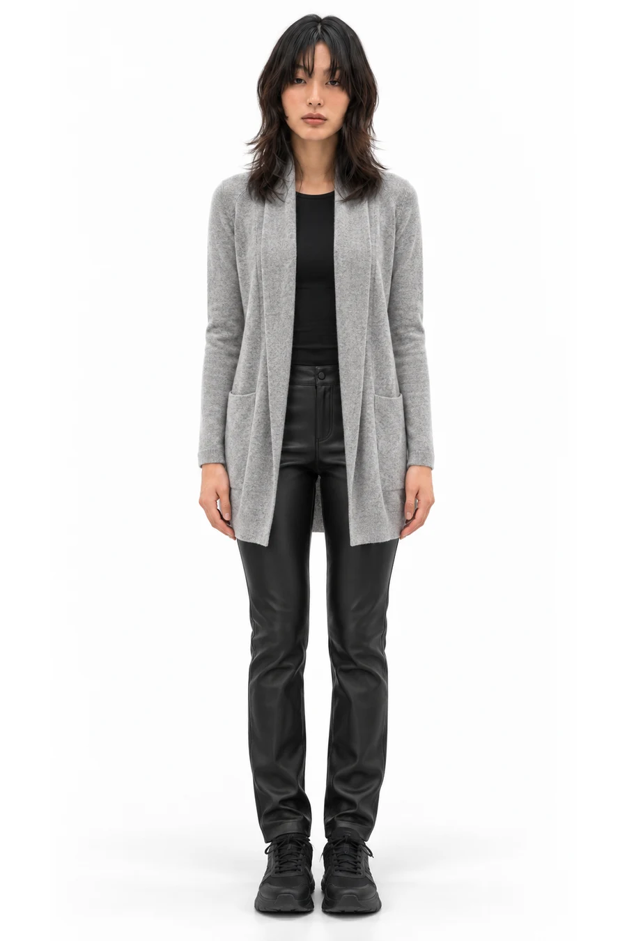 AI outfit preview: Aritzia Wilfred Gray Open Front Shawl Collar Long Cardigan S, Women's, Aritzia Wilfred Rebel Vegan Leather Pant Black, Women's (Size 24)