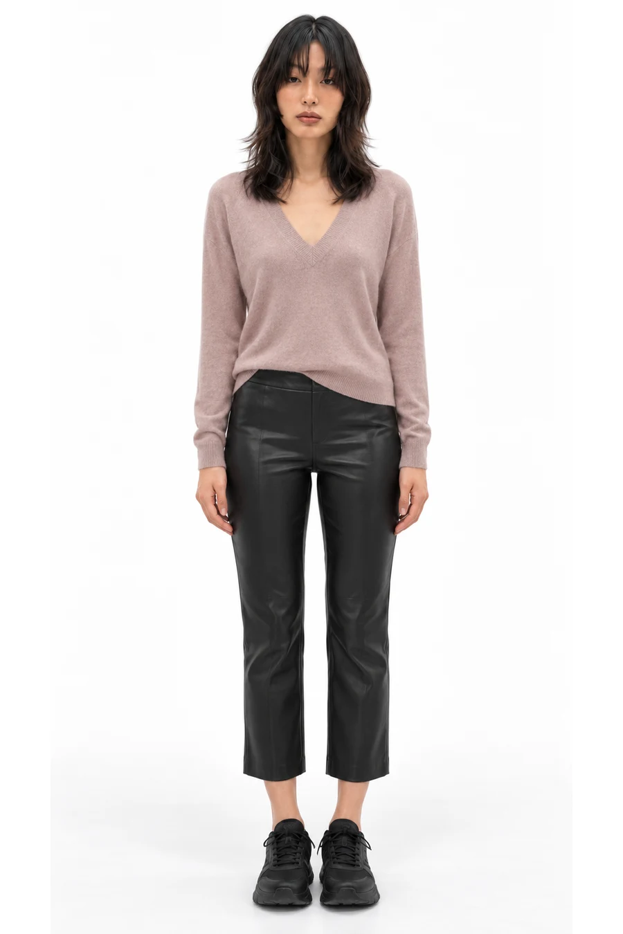 AI outfit preview: Wilfred Aritzia Silk/Cashmere Galois Sweater Dusty Pink - Xs, Women's, Babaton X Aritzia Command Crop Vegan Leather Pants Size 6 in Black, Women's (Size 28)