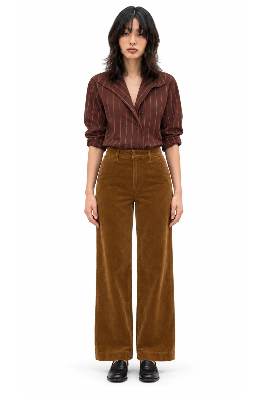 AI outfit preview: Cotton Foldover Collar Shirt, The Everyday Wide-Leg Pant in Corduroy, Italian Leather Loafer
