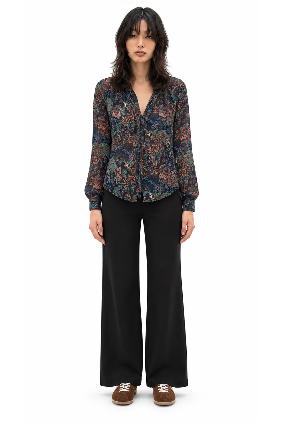 AI outfit preview: Georgette Tie-Neck Blouse, High-Rise Wide-Leg Everywhere Ponte Pull-On Pant, Italian Suede Low Profile Sneaker