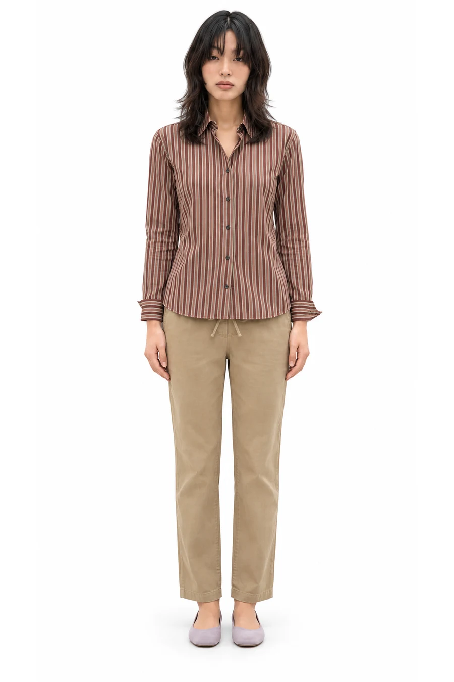 AI outfit preview: The Everyday Shirt in Cotton Poplin, The Getaway Straight-Leg Pant in Cotton, Italian Suede Ballet Flat