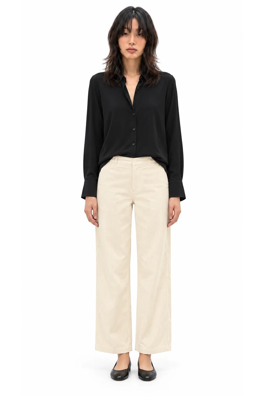 AI outfit preview: Relaxed Crepe Shirt, Mid-Rise Relaxed Corduroy Painter Pull-On Pant, Italian Leather Ballet Flat