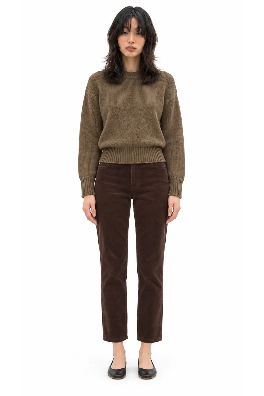 AI outfit preview: Oversized Cocoon Crew in Elevated Cotton | Beech, The Way-High Corduroy Pant | Coffee Bean, The Day Glove | Black