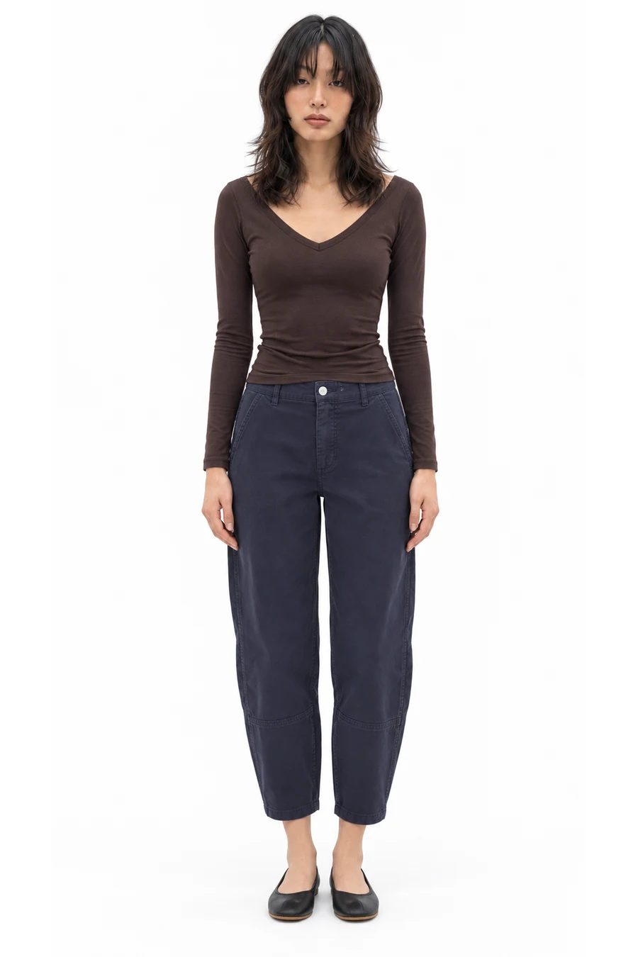 AI outfit preview: RetroSoft Cotton Wide V-Neck Top | Coffee Bean, The Utility Barrel Pant | Navy | Regular, The Day Glove | Black