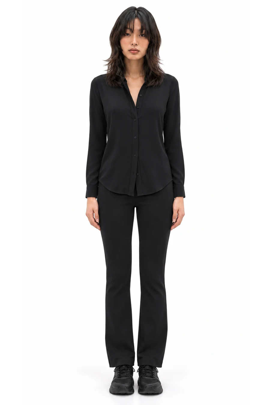 AI outfit preview: Women's Long Sleeve Lightweight Crepe Portofino Shirt, Women's Pull-on Signature Ponte Mid Rise Bootcut Pant