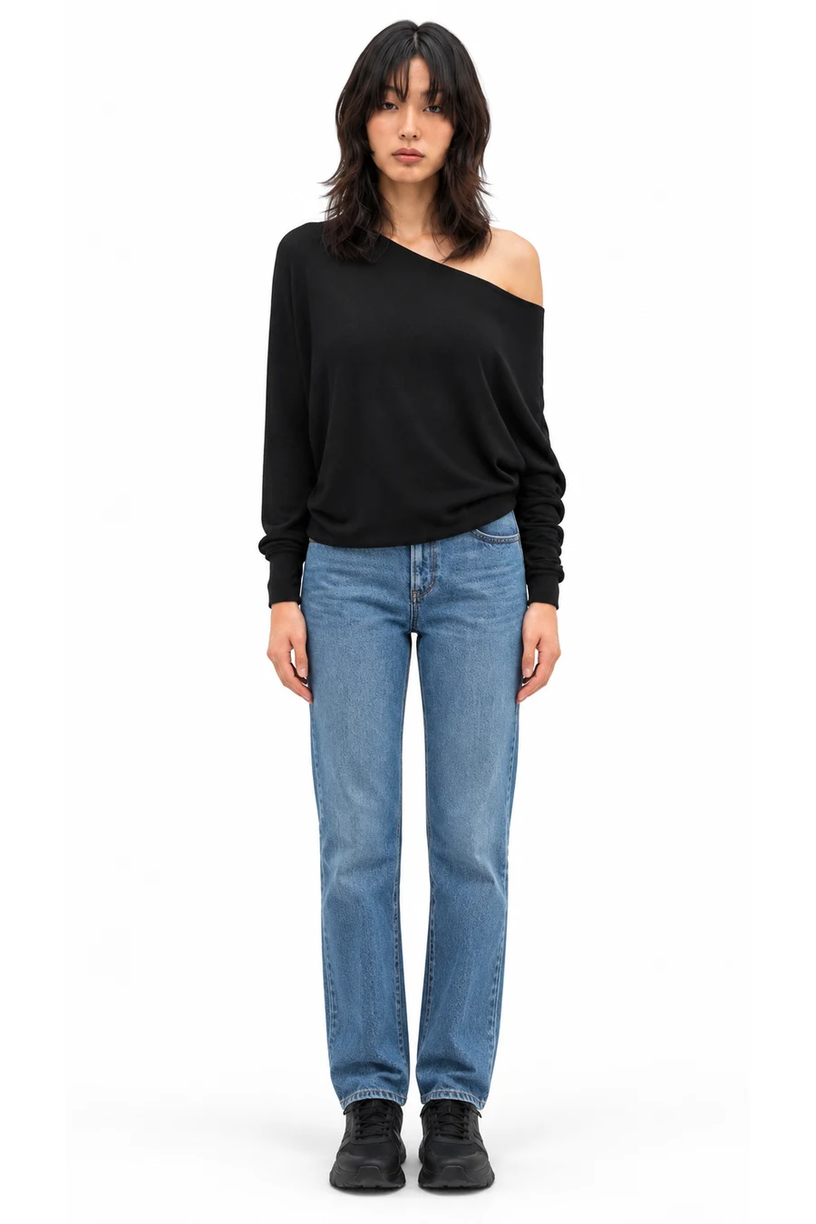 AI outfit preview: Women's Relaxed Crepe Dolman Long Sleeve Sweater, Women's High-Rise Relaxed Straight Medium Wash Jeans
