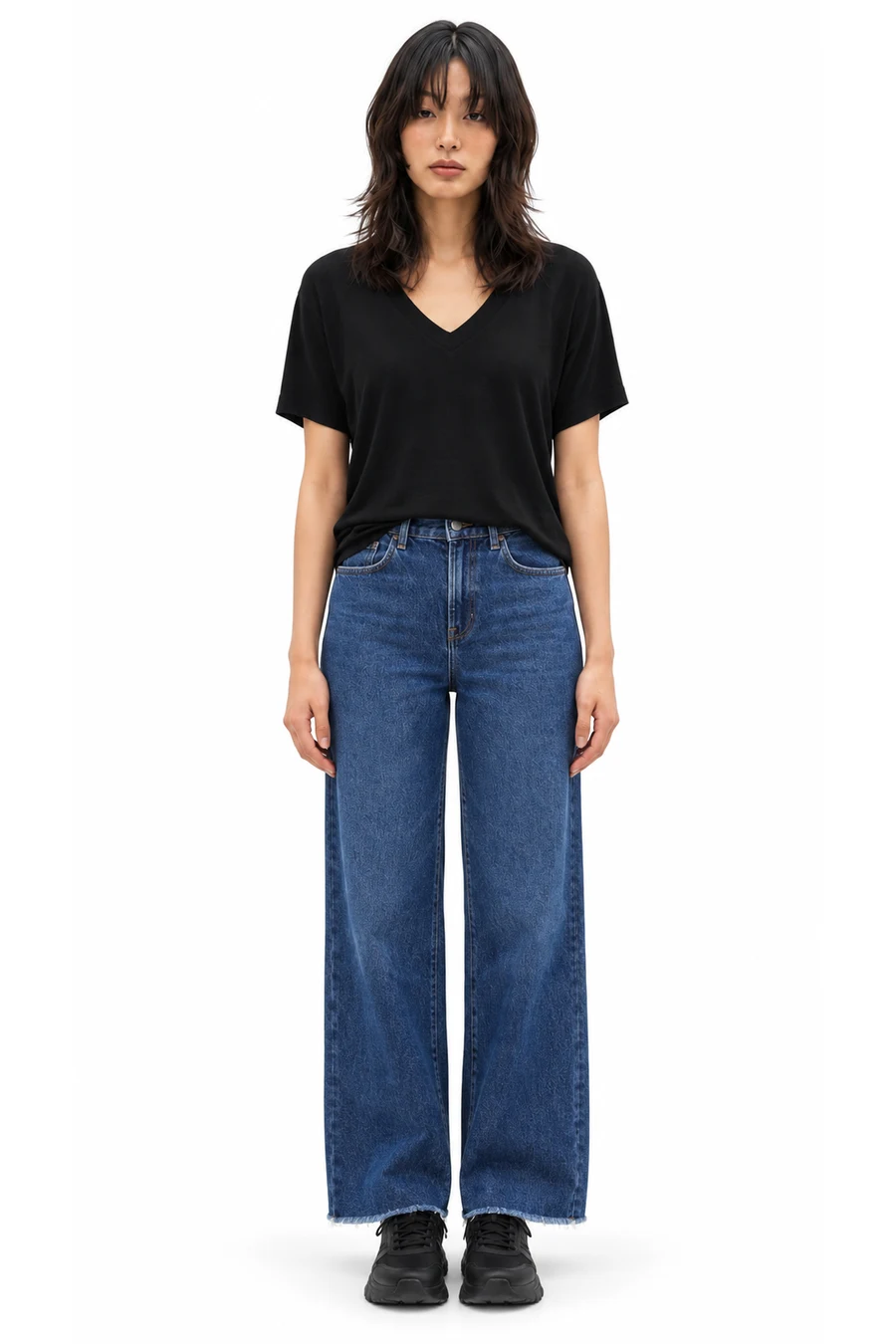 AI outfit preview: Women's Relaxed Crepe V-Neck Short Sleeve Top, Women's High-Rise Relaxed Wide-Leg Raw Hem Dark Wash Jeans