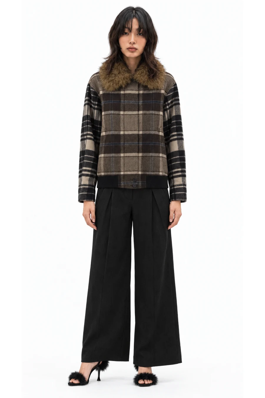 AI outfit preview: Check wool jacket, Pleat-detail trousers, Tee 85 thong sandals in nappa shearling-combo