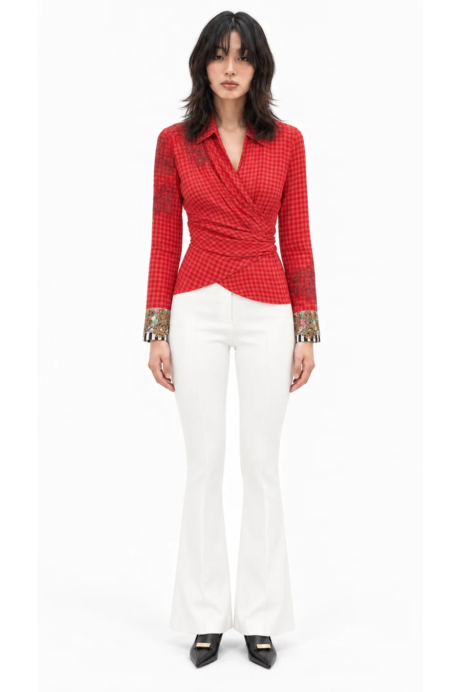 AI outfit preview: Embroidered wrap shirt, Pleat-detail flared trousers, Slash loafers