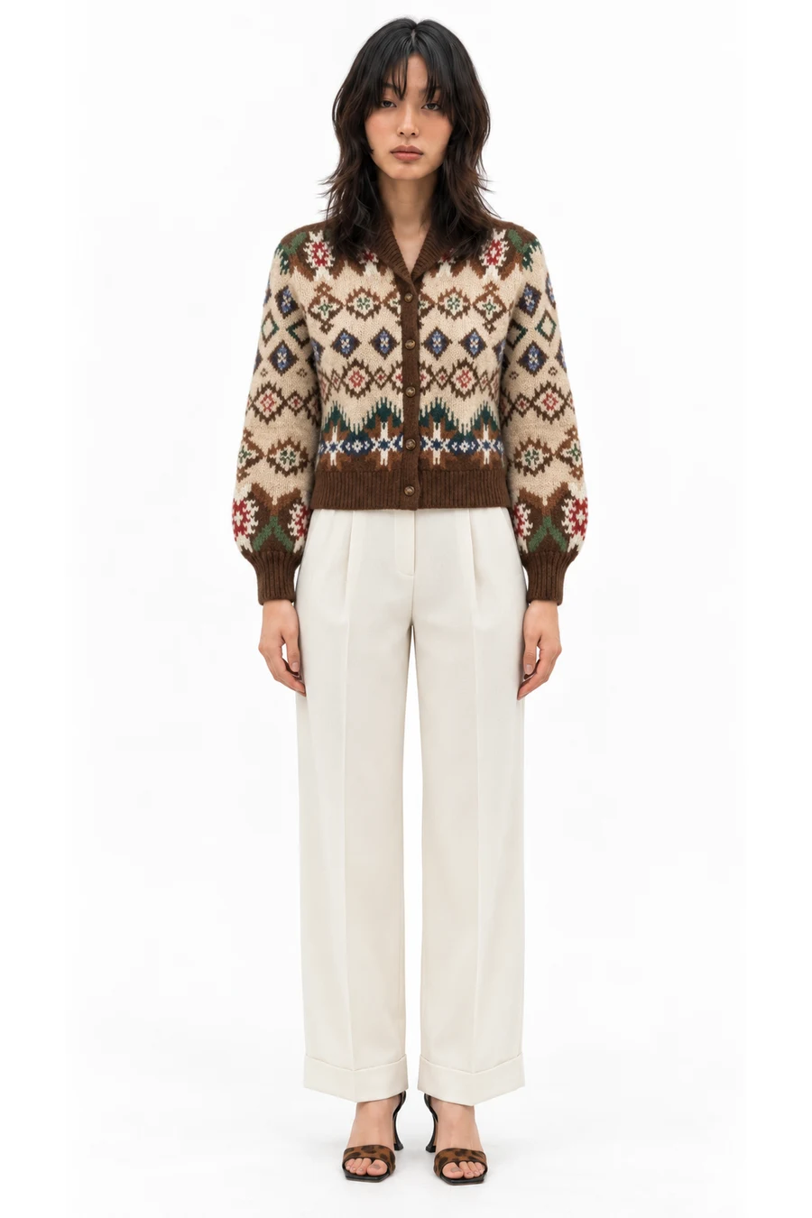AI outfit preview: Patterned balloon-sleeve cardigan, Pleat-detail trousers, Very Colibrì leopard-print sandals