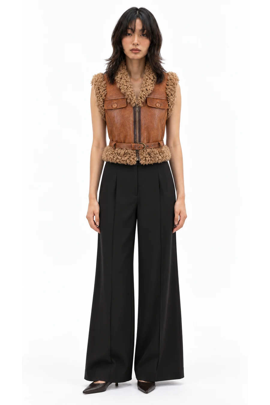 AI outfit preview: Shearling-trim belted jacket, Pleat-detail trousers, Pointed-toe kitten-heel pumps