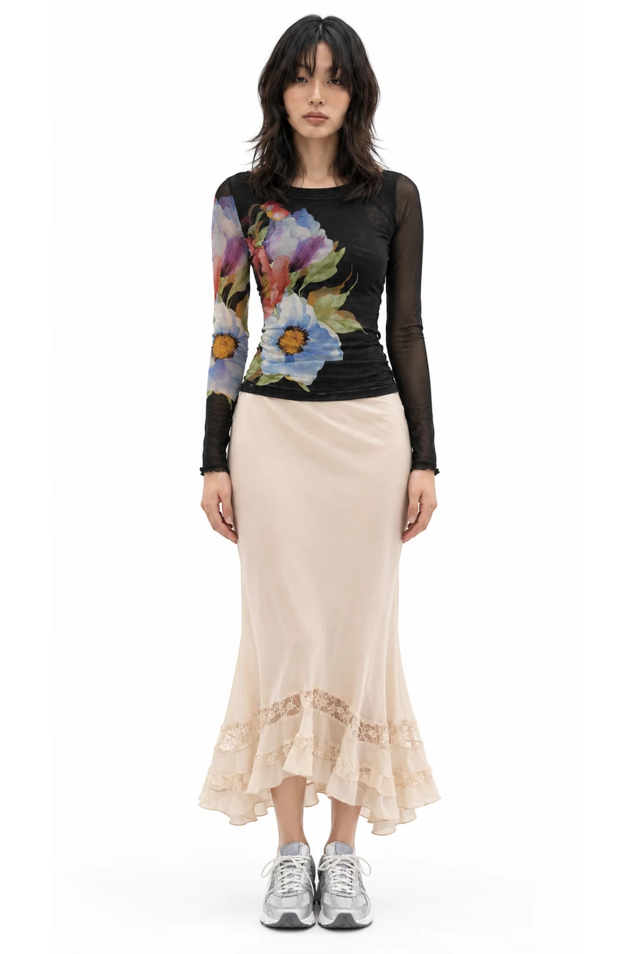 AI outfit preview: Lilly Printed Long Sleeve Bodycon Top, Long Lost Lover Slip Skirt, New Balance 530 Sneakers