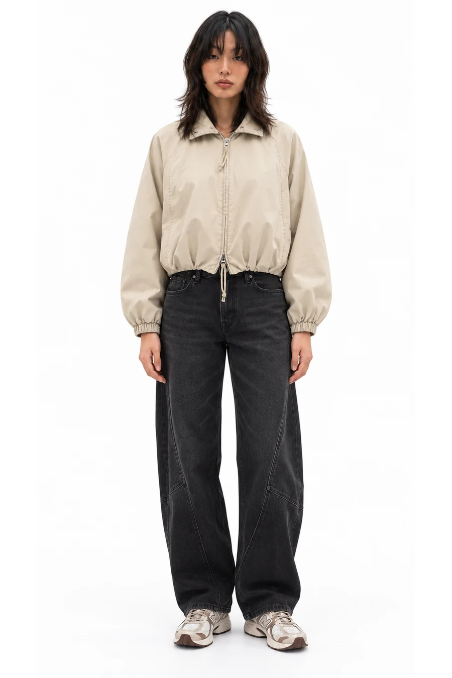 AI outfit preview: Women's Chelsea Oversized Utility Jacket, Women's Fable Twisted Seam Jeans, New Balance 530 Sneakers