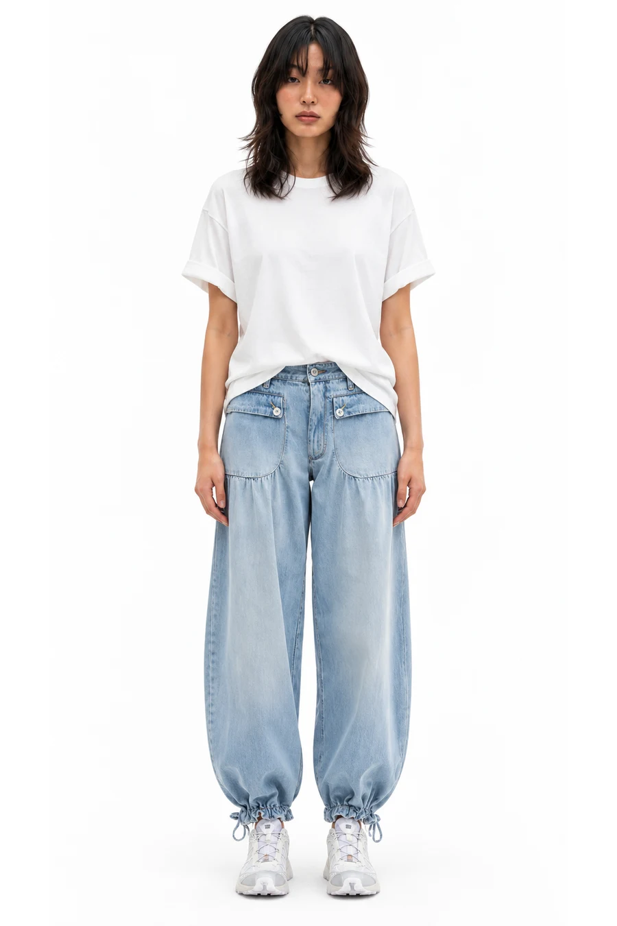 AI outfit preview: Women's We The Free Nina Cotton T-Shirt, Women's We The Free Lotus Tie Hem Balloon Jeans, Salomon XT-Whisper Sneakers