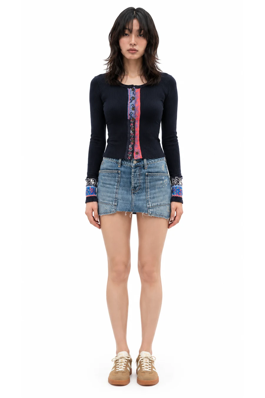 AI outfit preview: Women's We The Free Noa Long-Sleeve Scoop-Neck Fitted Cardigan Sweater, We The Free Dolly Denim Mini Skirt, Gola Elan Sneakers