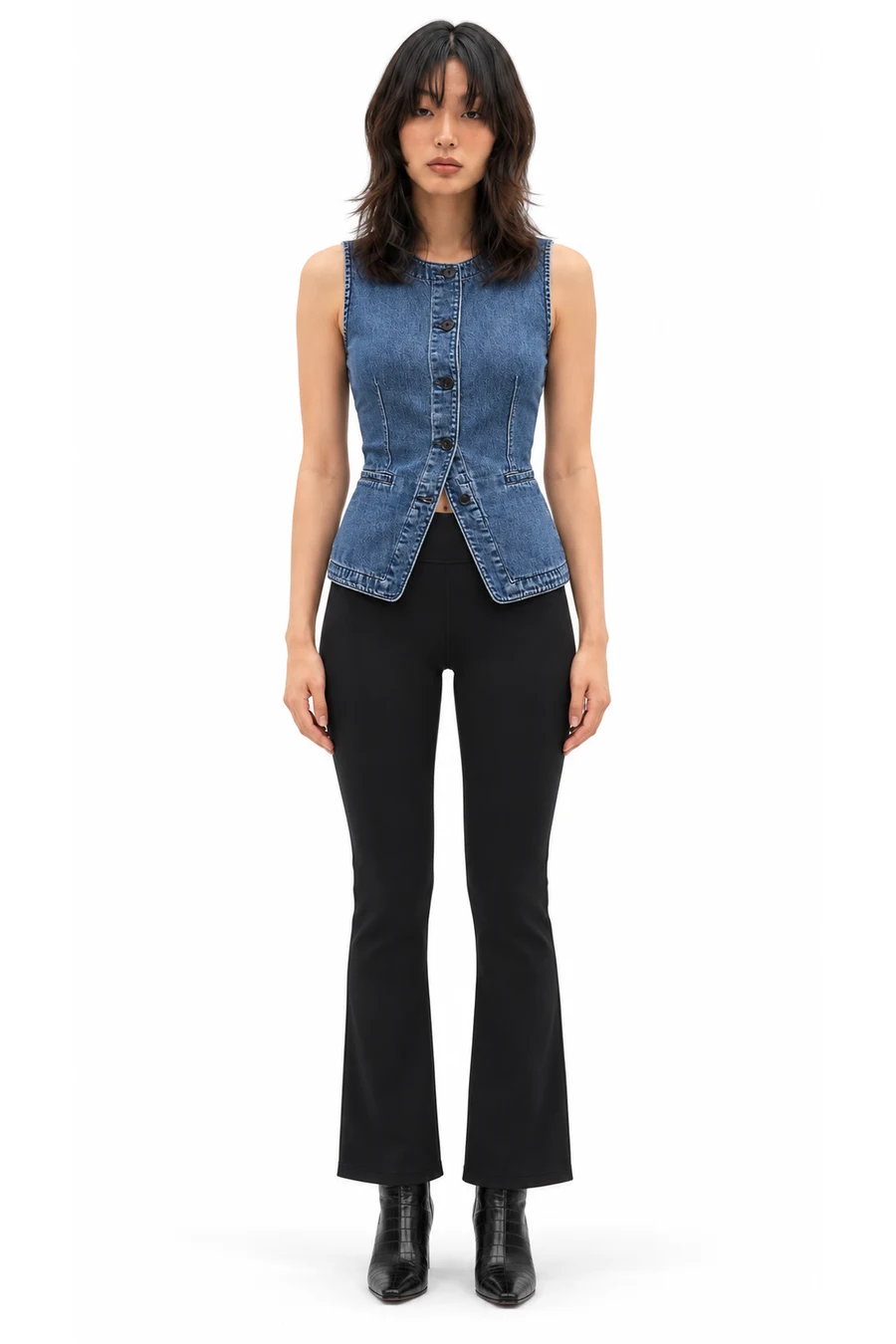AI outfit preview: UltraSoft Denim Longline Vest, GapFit Smooth High Rise Baby Boot Leggings, Vegan Leather Crocodile Boots