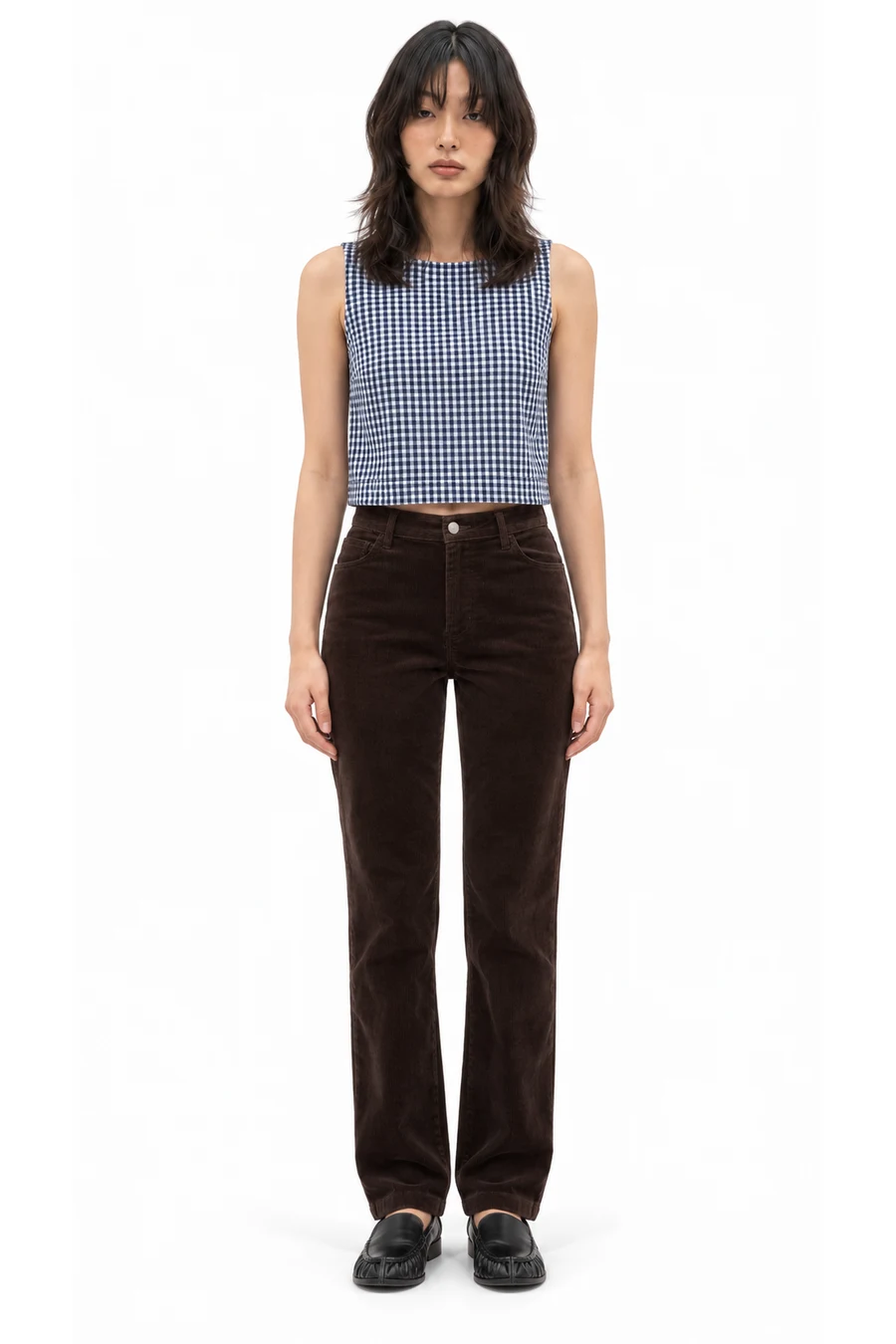 AI outfit preview: Gingham Denim Crop Shell Tank Top, Mid Rise Corduroy Relaxed Straight Pants, Vegan Leather Ruched Loafers