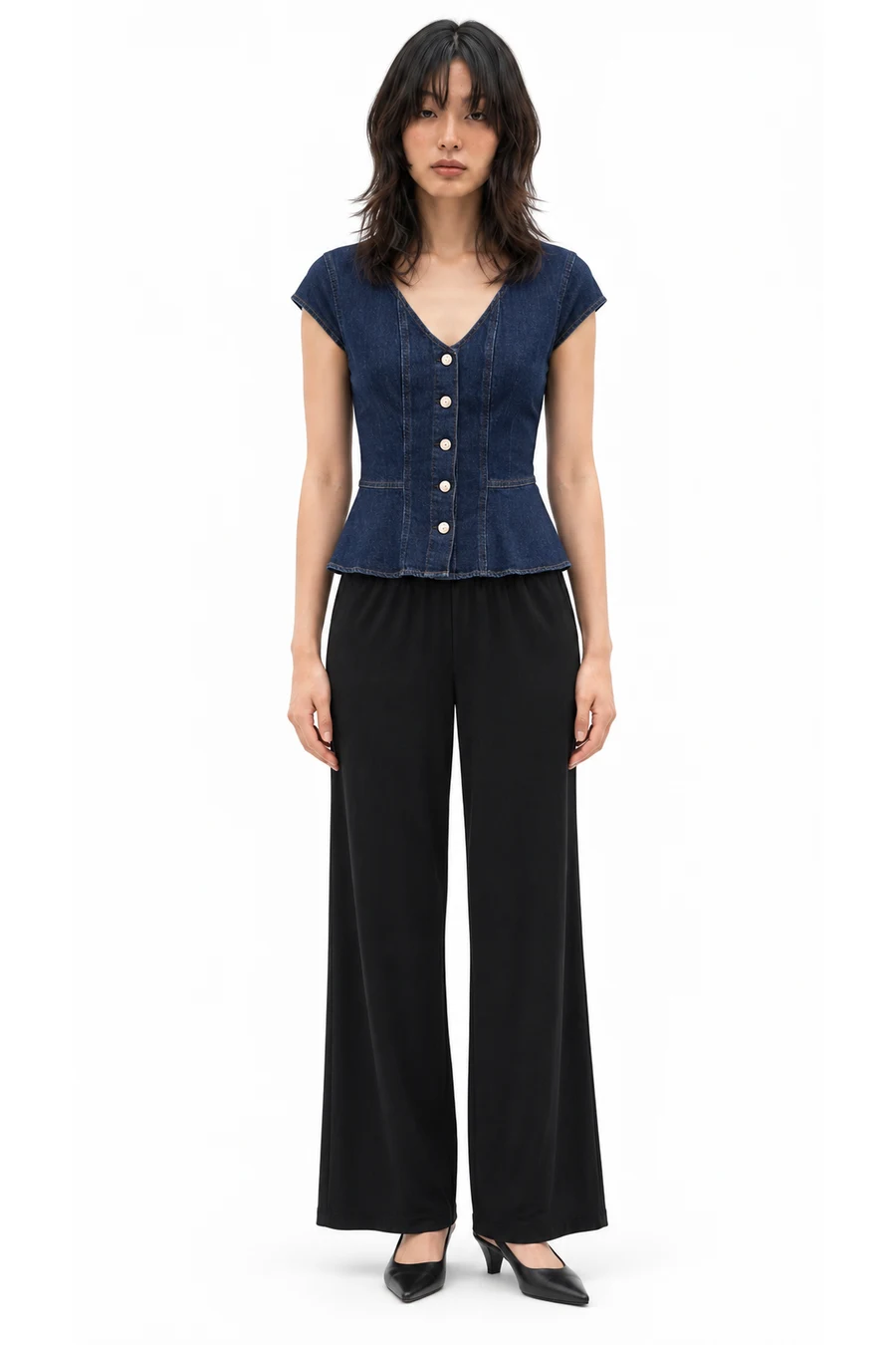 AI outfit preview: Denim Fitted Peplum Top, Knit Wide-Leg Pants, Vegan Leather Slingback Mules