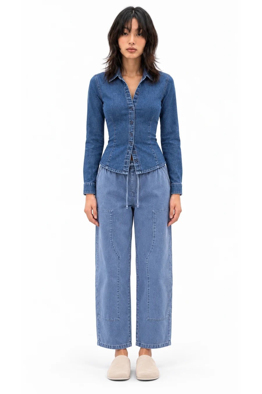 AI outfit preview: Denim Fitted Shirt, Easy Double-Knee Barrel Pants, Vegan Suede Clogs