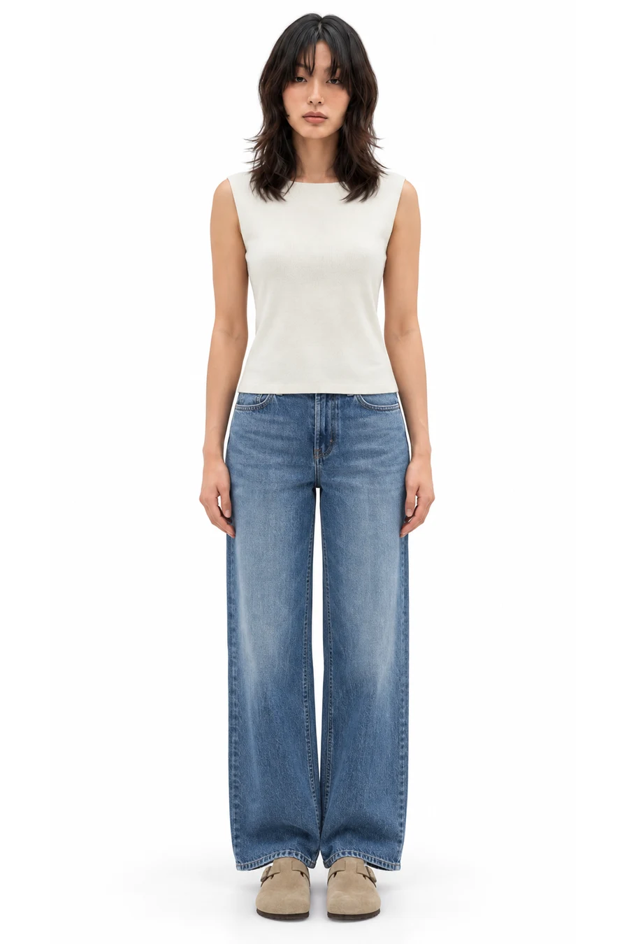 AI outfit preview: Boat-Neck Top · Cream, Wide-Leg Regular Jeans · Denim blue, Suede Mules · Beige
