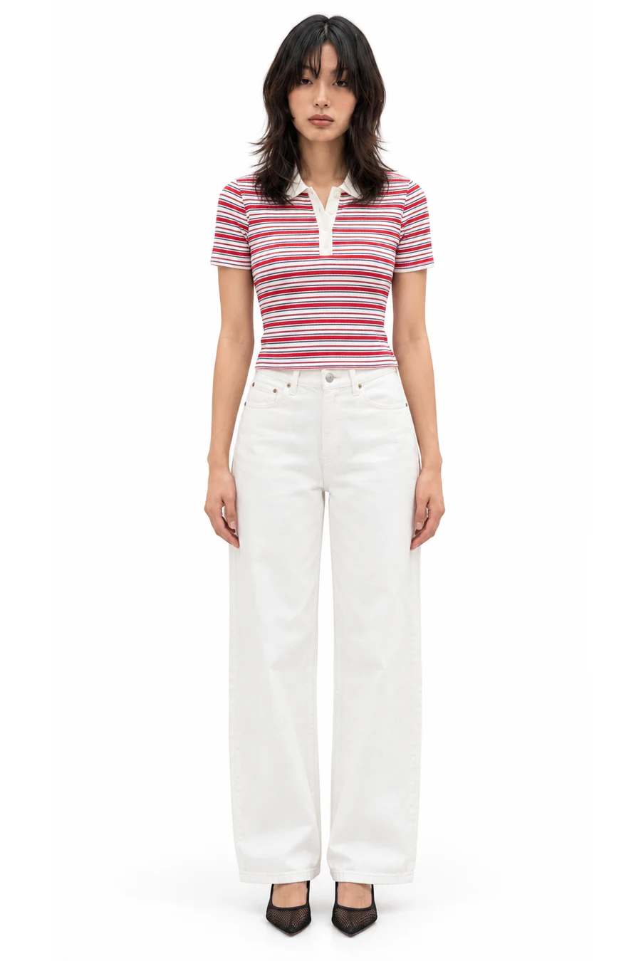 AI outfit preview: Cotton polo shirt · Red/white striped, Wide Ultra High Jeans · White, Mesh Slingback Pumps · Black