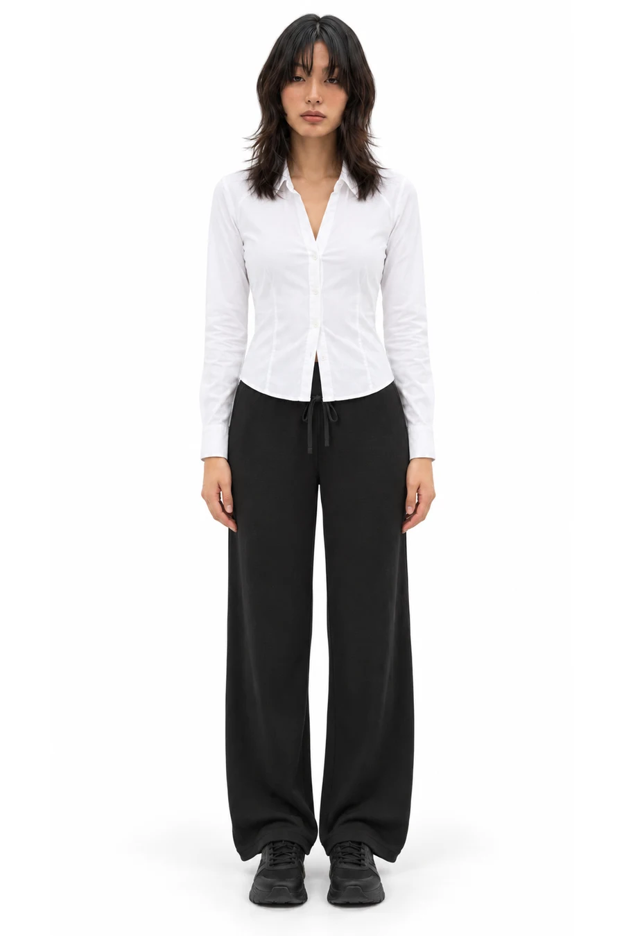 AI outfit preview: Hollister Ciara Button Front Poplin Shirt, Knit Wide-Leg Pants