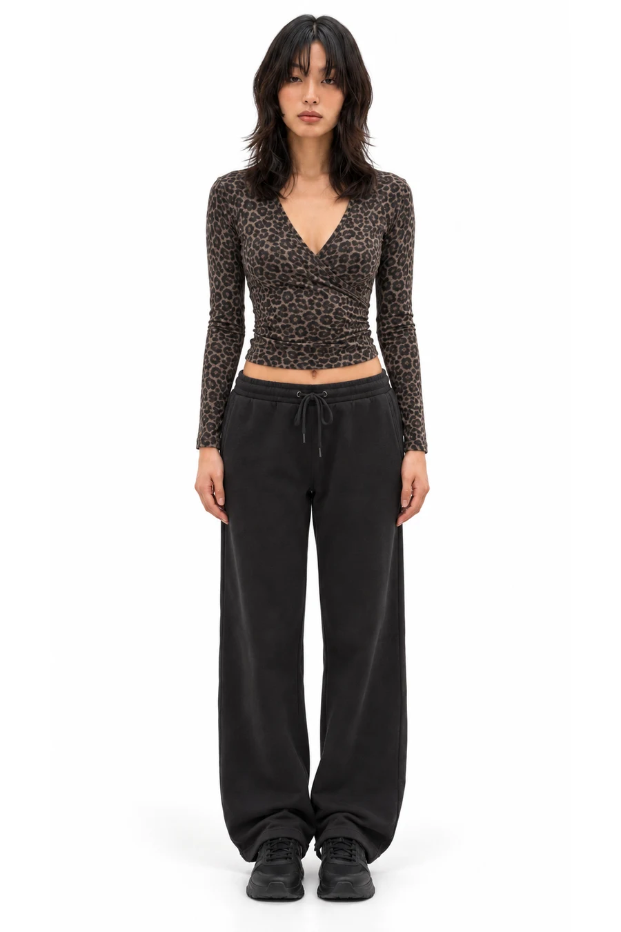 AI outfit preview: Long-Sleeve Wrap Front Baby Tee, Hollister Feel Good Low-Rise Baggy Sweatpants