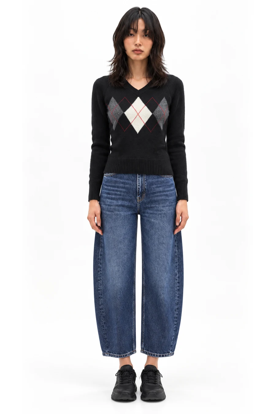 AI outfit preview: Diamond Pattern V-Neck Jumper, Balloon Crop Jeans