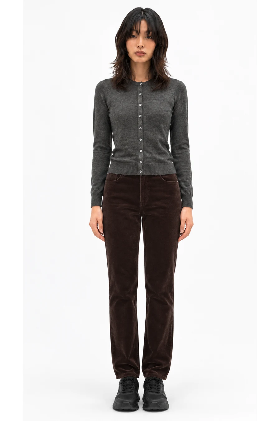 AI outfit preview: Fine Knit Button-Up Cardigan, Straight-Leg Flocked Jeans