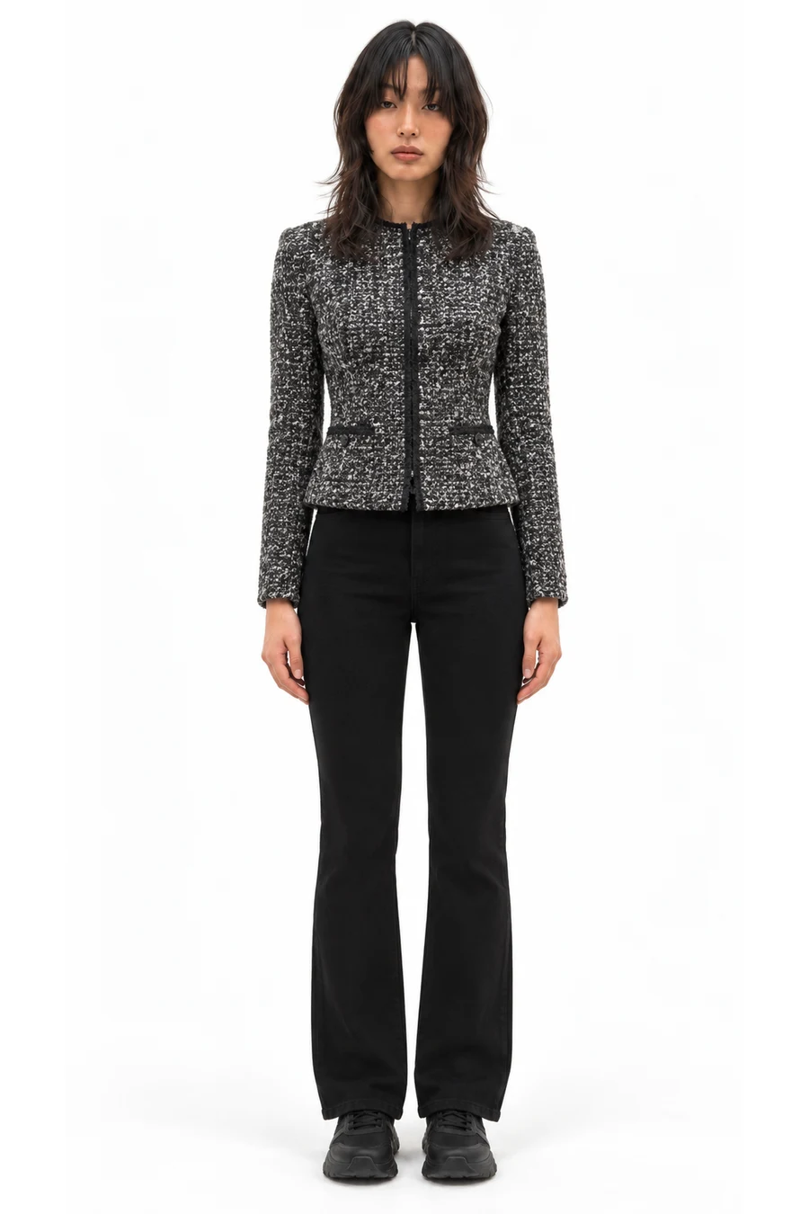 AI outfit preview: Marl Peplum Jacket, High Waist Flared Jeans