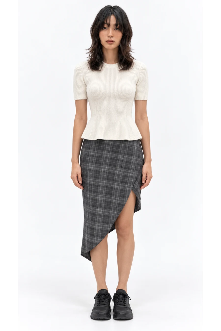 AI outfit preview: Ribbed Peplum Sweater, Checked Asymmetric Skirt