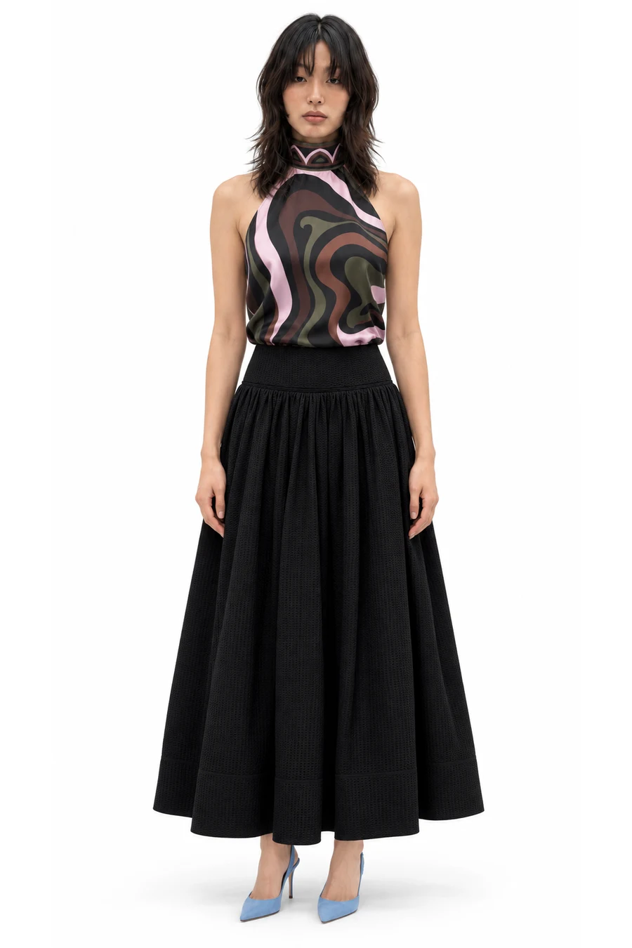 AI outfit preview: Marmo halterneck silk twill top, Cotton-blend maxi skirt, Borelapla suede slingback pumps