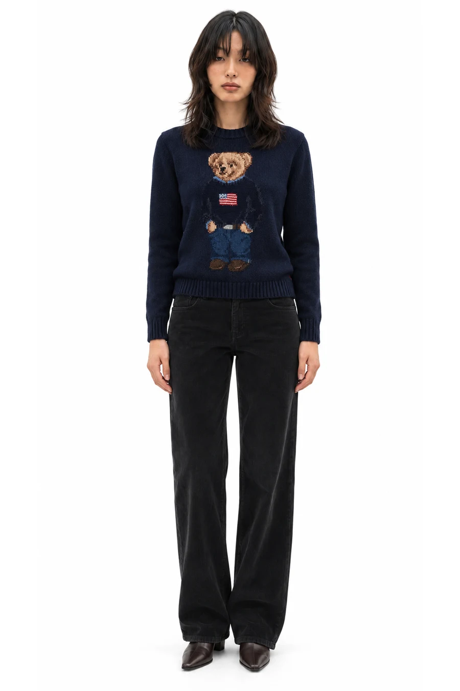AI outfit preview: Polo Bear intarsia cotton and linen sweater, Eglitta cotton corduroy wide-leg pants, Nevada leather ankle boots