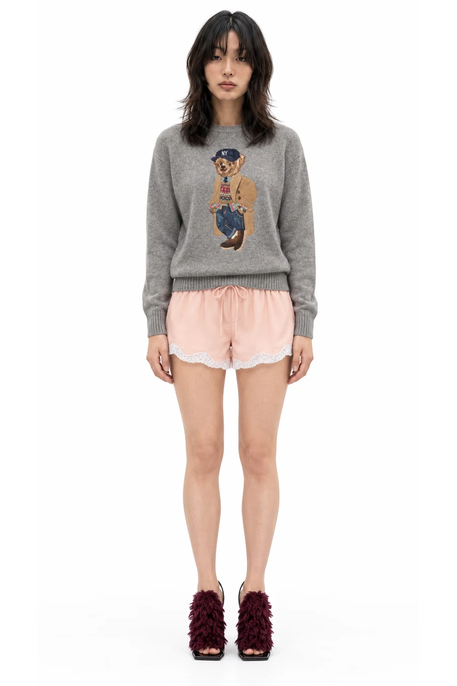 AI outfit preview: Polo Bear wool and cashmere sweater, Tabitha lace-trimmed shorts, Pompom patent leather sandals