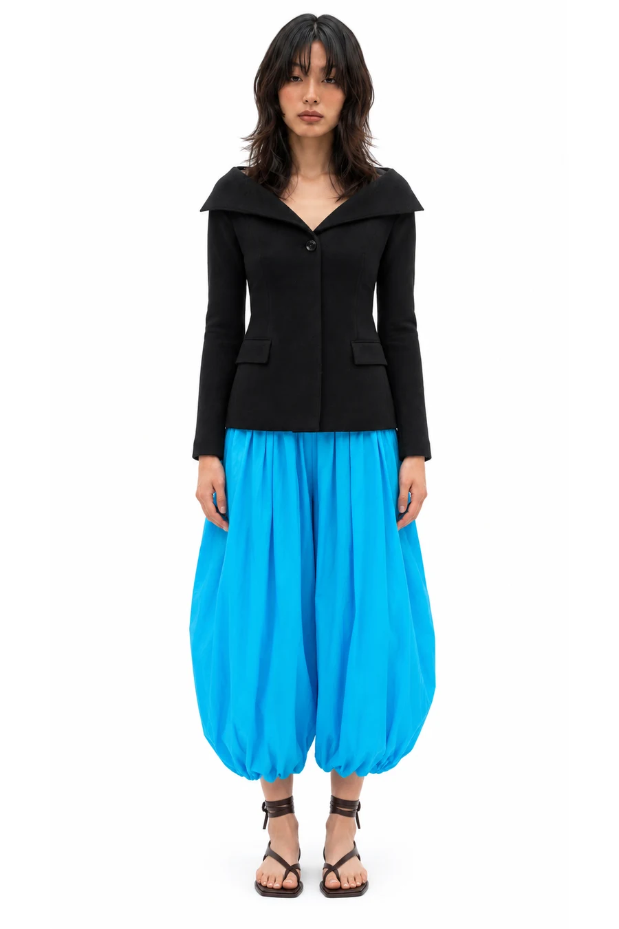 AI outfit preview: Wool jacket, Gathered balloon pants, Heidi leather sandals