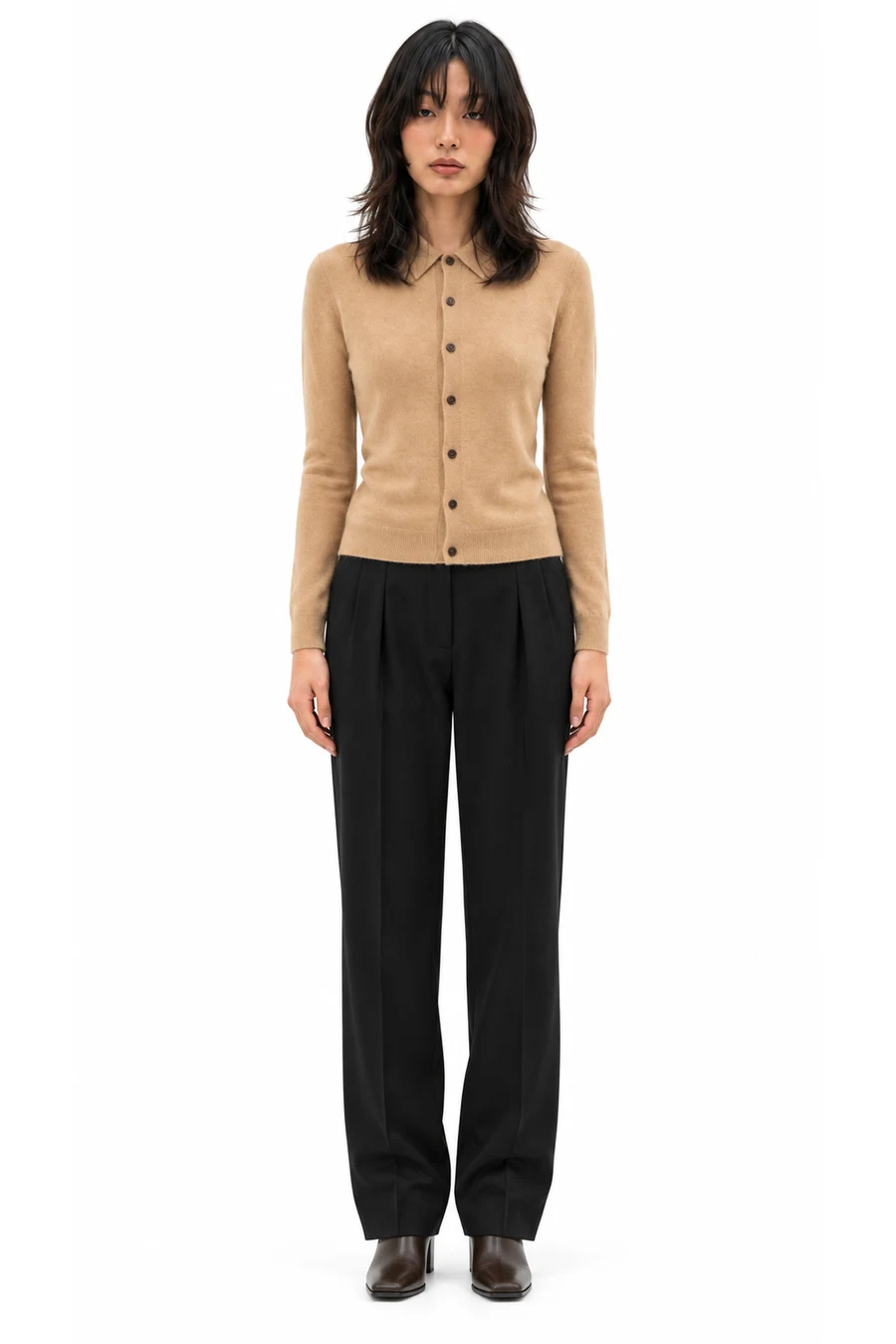 AI outfit preview: Cashmere cardigan, KHAITE August pleated wool-blend straight-leg pants, 100 belted leather knee-high boots