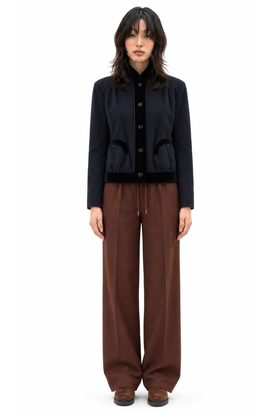 AI outfit preview: Coiba wool and cashmere-blend jacket, Slalom wool-twill wide-leg pants, AQUAZZURA Ride 30 paneled suede knee boots