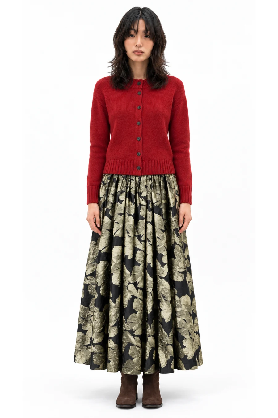 AI outfit preview: Cozy cashmere cardigan, ABADIA Elodie gathered floral-brocade maxi skirt, AQUAZZURA Ride 30 paneled suede knee boots