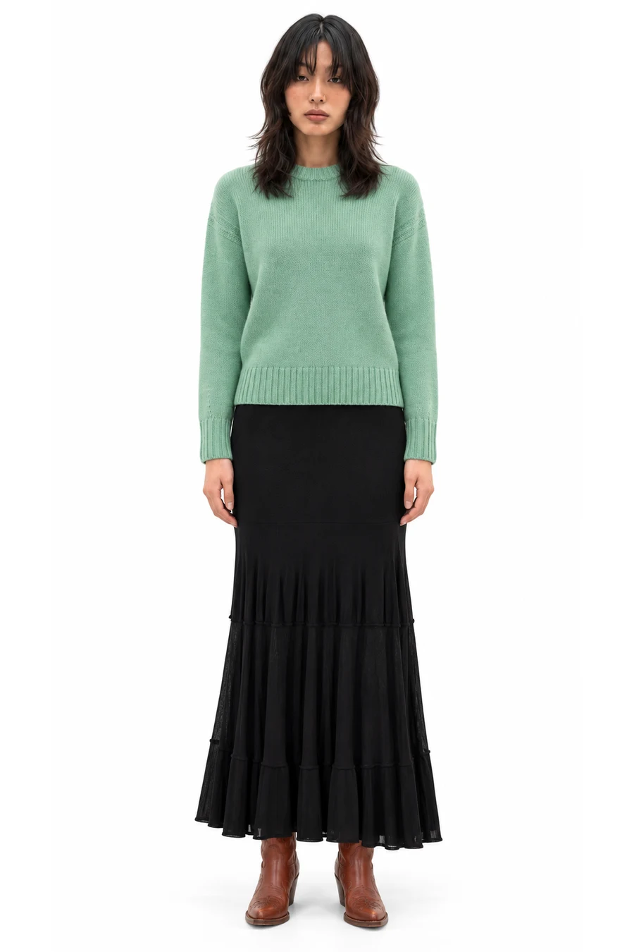AI outfit preview: Cozy cashmere sweater, ALTUZARRA Gorrell stretch-knit maxi skirt, GABRIELA HEARST Capitana 50 leather knee boots