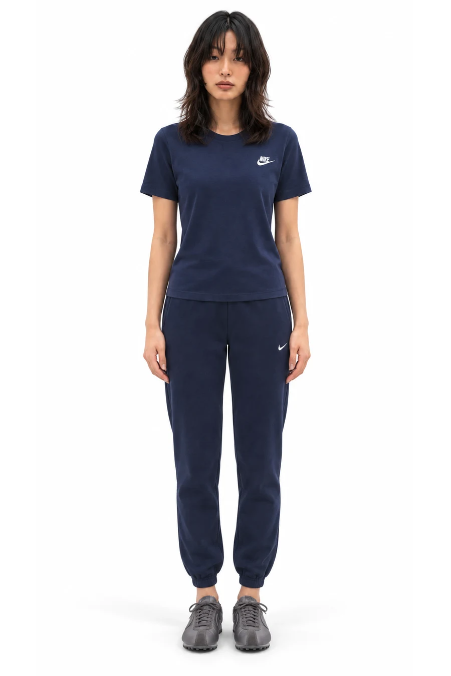 AI outfit preview: Nike Sportswear Club Essentials Women's T-Shirt, Nike One Women's High-Waisted Full-Length Knit Joggers, Nike Moon Shoe OG SE Satin Women's Shoes